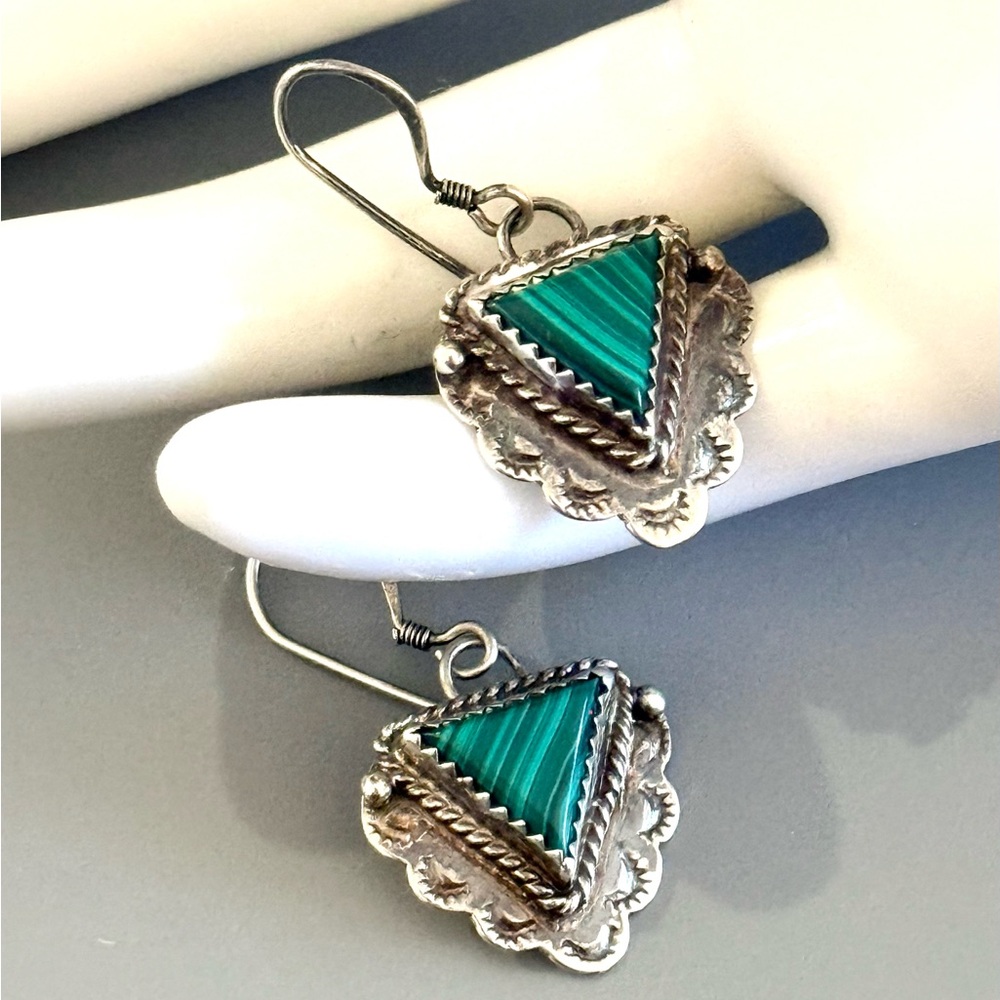 Native American D.B. Malachite Heart Sterling Silver Hook  Earrings Signed